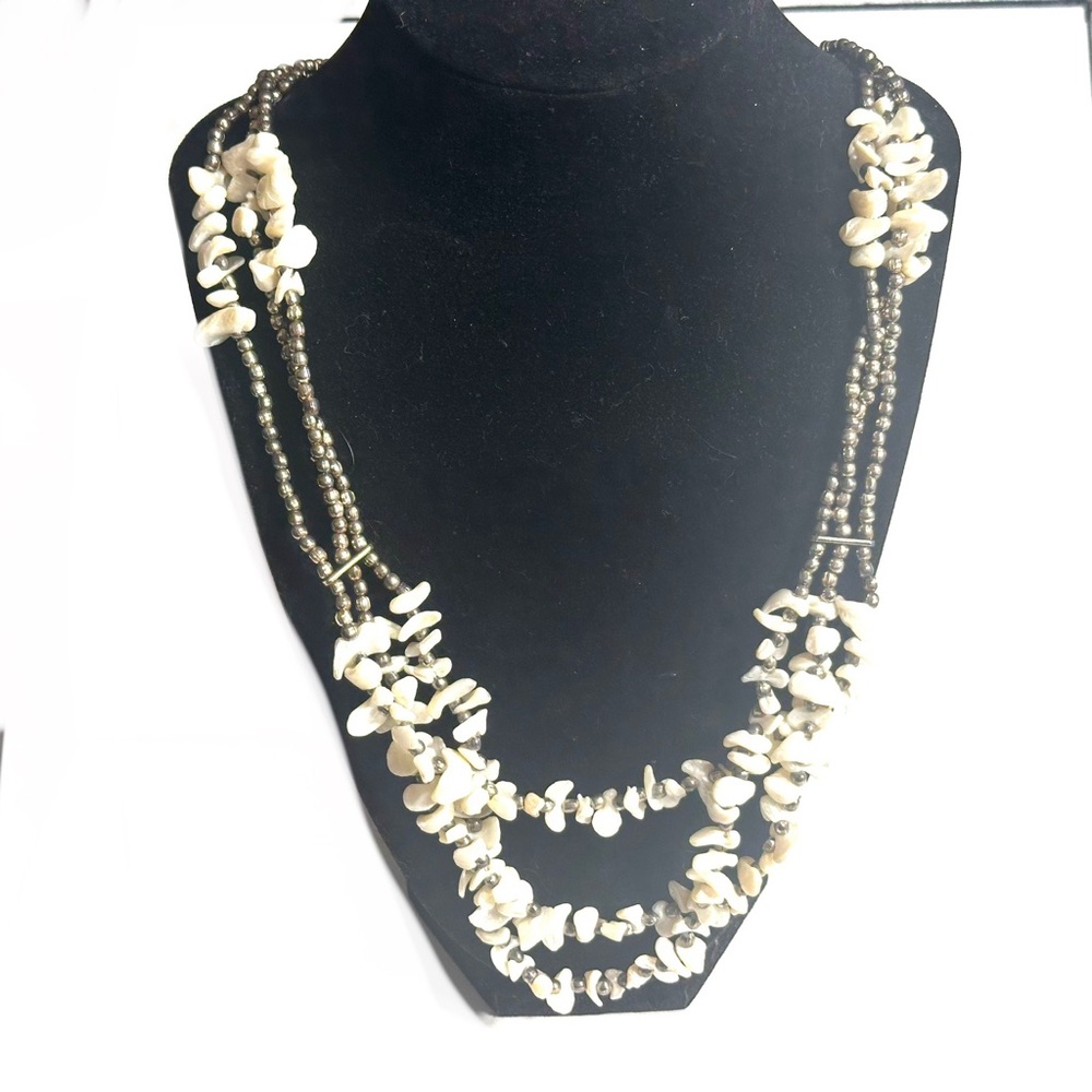 White Shell and Silver Bead Necklace Multi Strand Earthy Whimsical Fairy